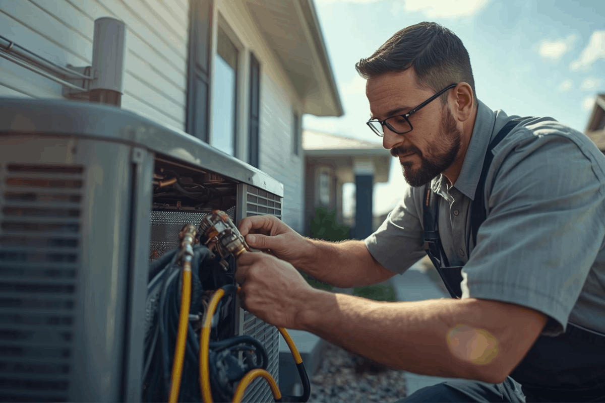 HVAC technician repairing outdoor air conditioning unit at residential home in Indianapolis