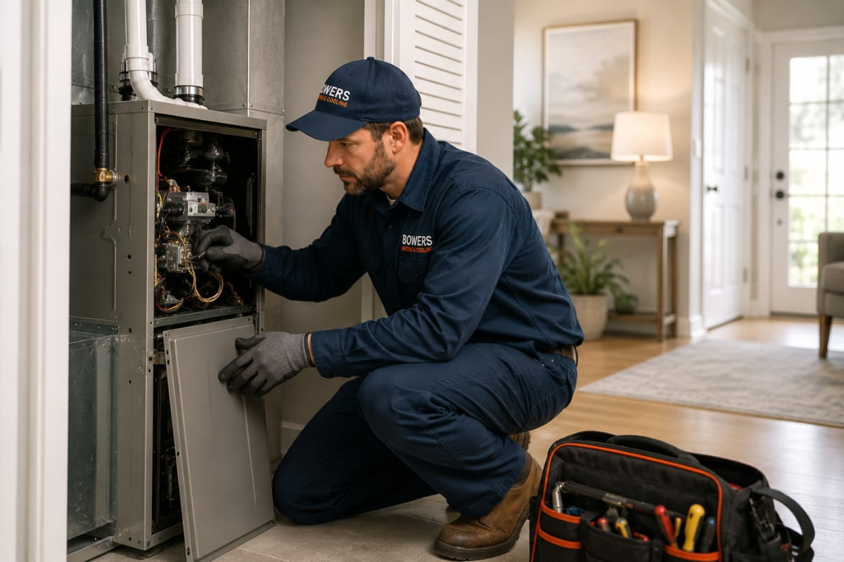 Professional HVAC technician performing furnace installation in Indianapolis home by Bowers Heating & Cooling ensuring efficient heating system setup and expert installation service for long-term comfort and reliability