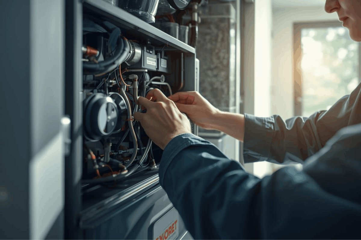 Professional HVAC technician repairing a residential furnace system in Indianapolis home
