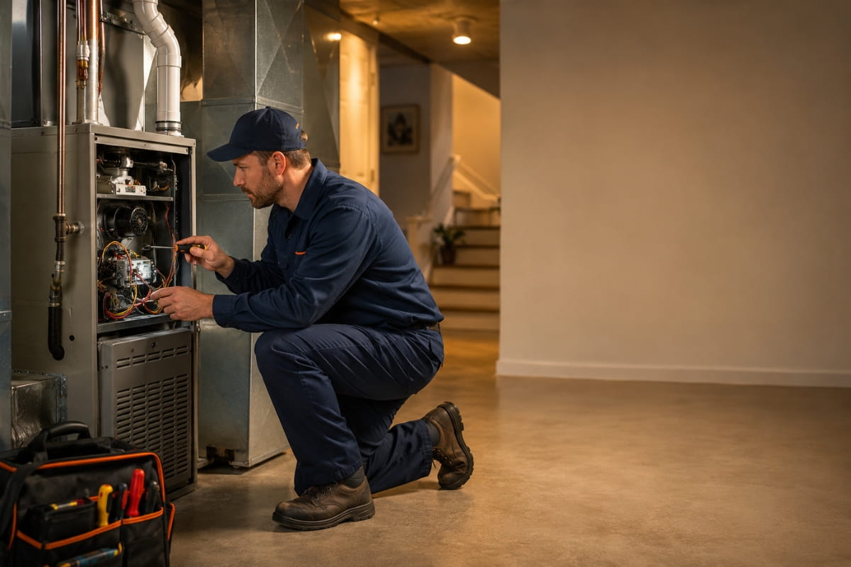 Professional HVAC technician repairing a furnace in Indianapolis home basement providing 24/7 emergency furnace repair service by Bowers Heating & Cooling for fast same-day heating system restoration