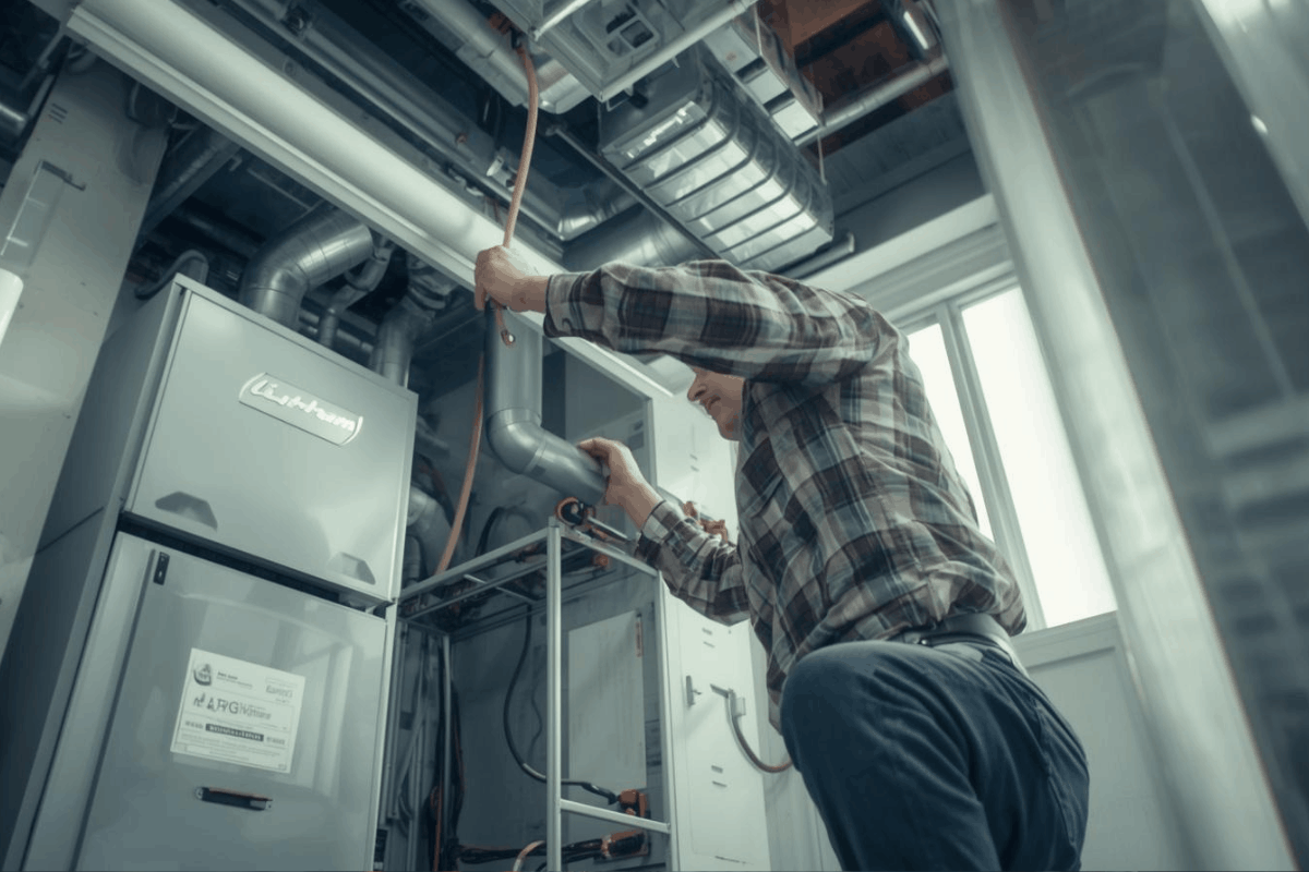 Professional technician installing new HVAC system in residential utility room in Indianapolis