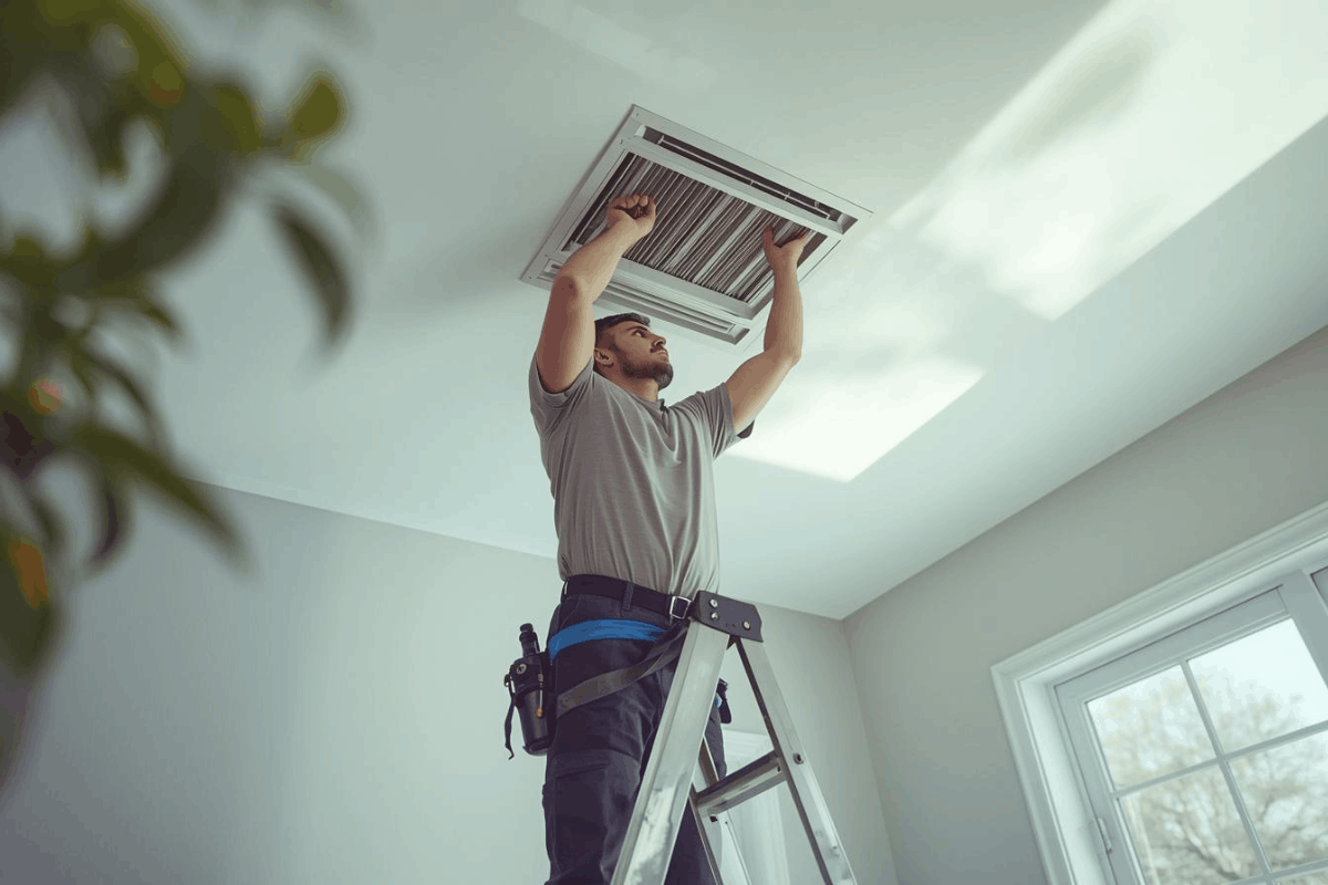 HVAC technician performing air filter maintenance in modern home ceiling vent in Indianapolis